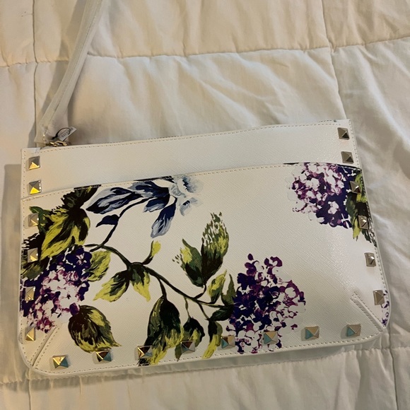 White House Black Market white floral studded clutch